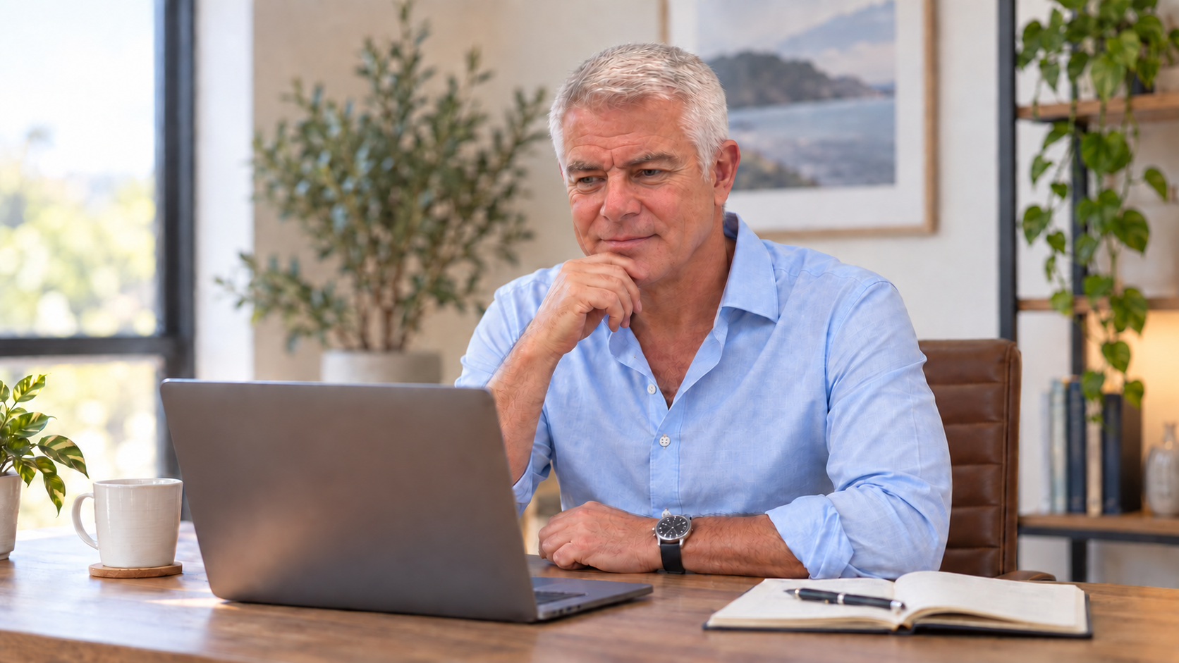 A man in his late fifties thoughtfully reviewing content on a laptop at a bright home office desk