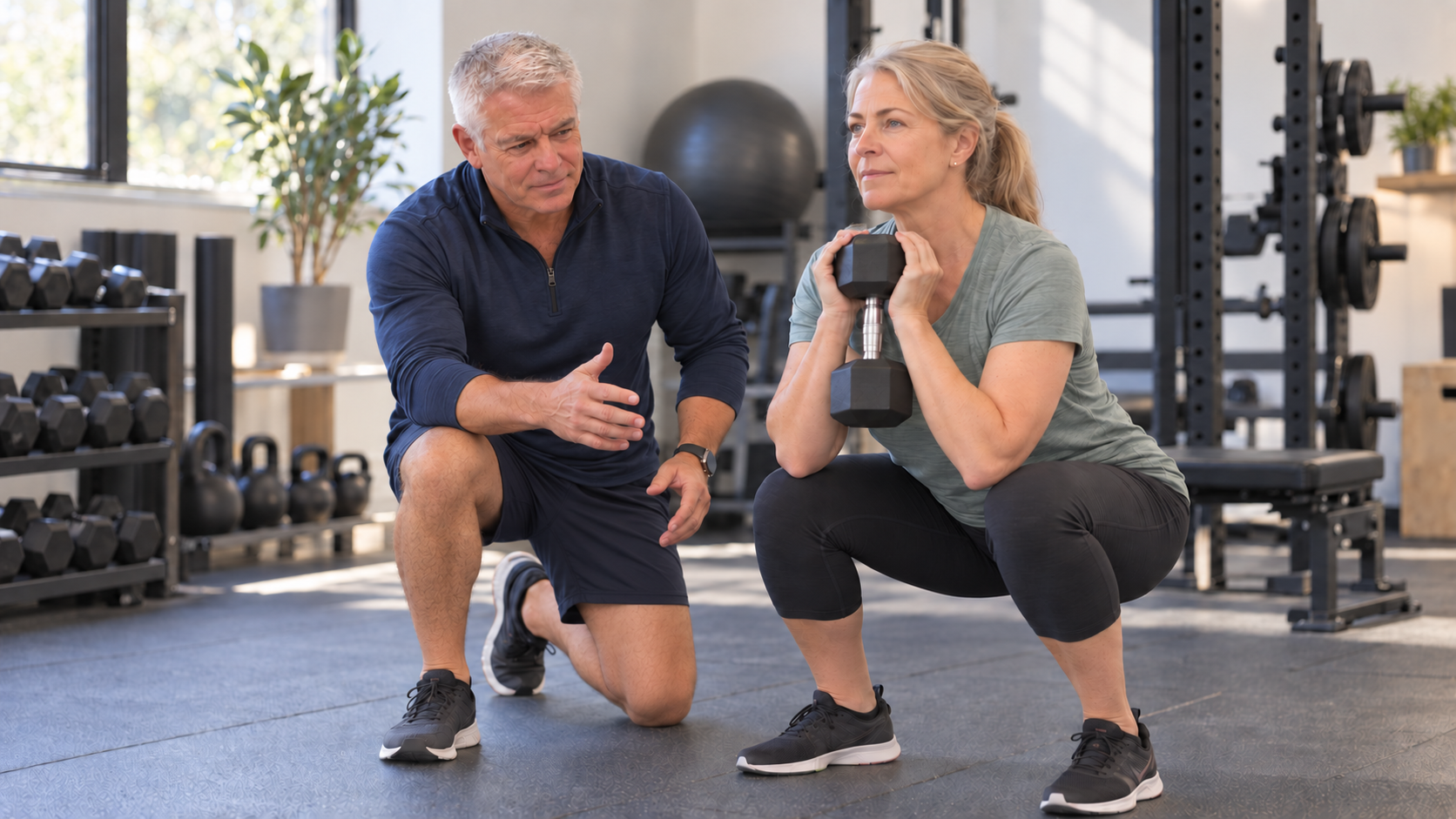 A coach guiding a woman through a goblet squat in a bright modern gym