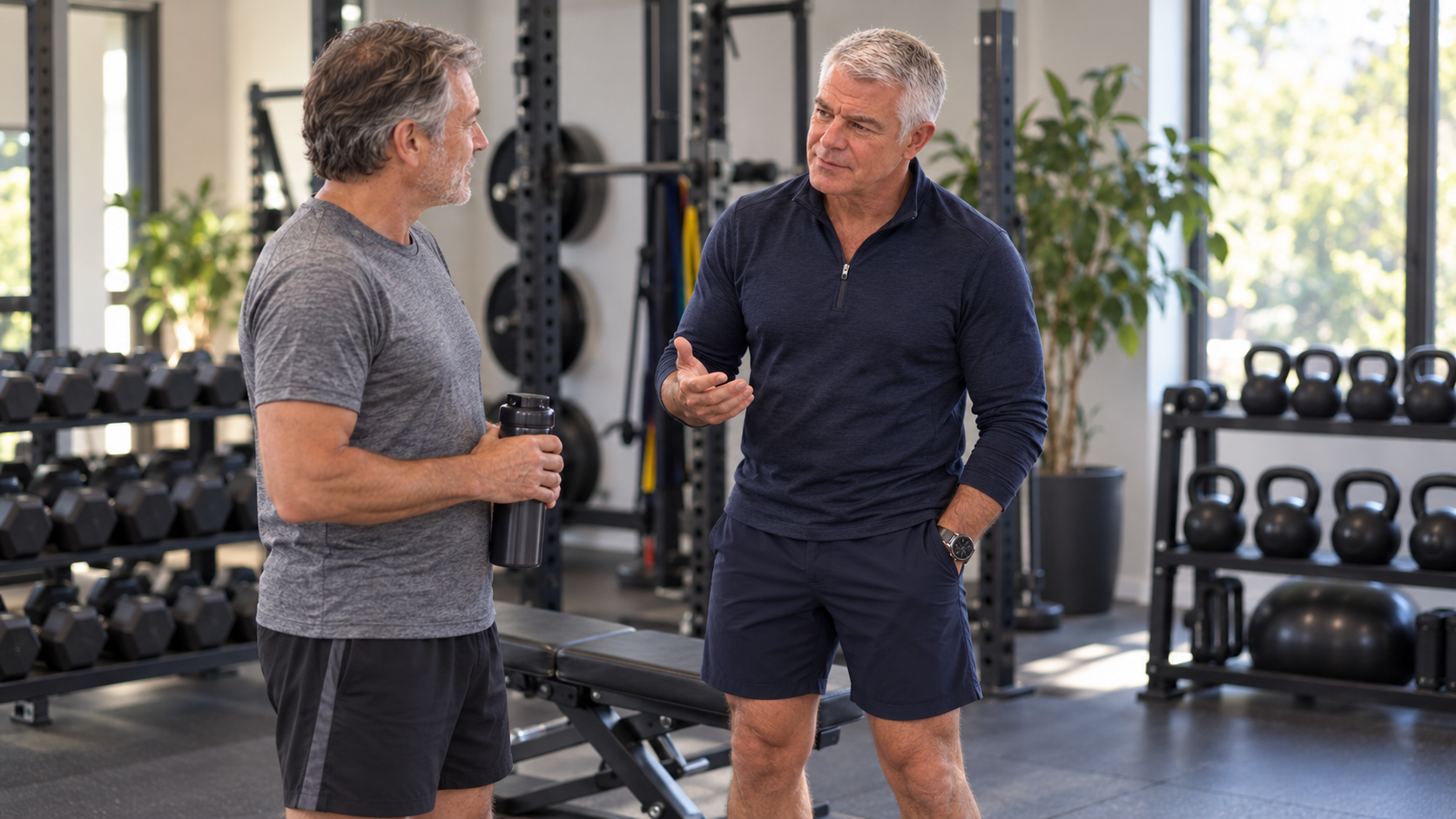 Two men over 50 talking in a bright modern gym, one holding a shaker bottle, the other gesturing during a coaching conversation