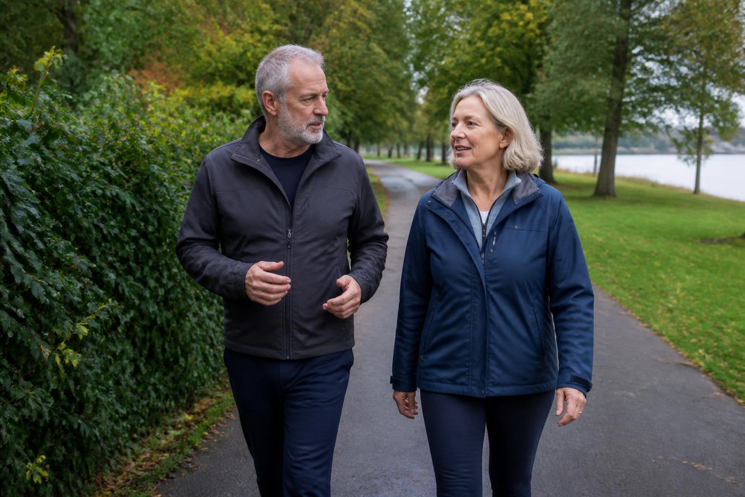 A man and a woman in their late fifties walking together along a tree-lined path, talking as they go